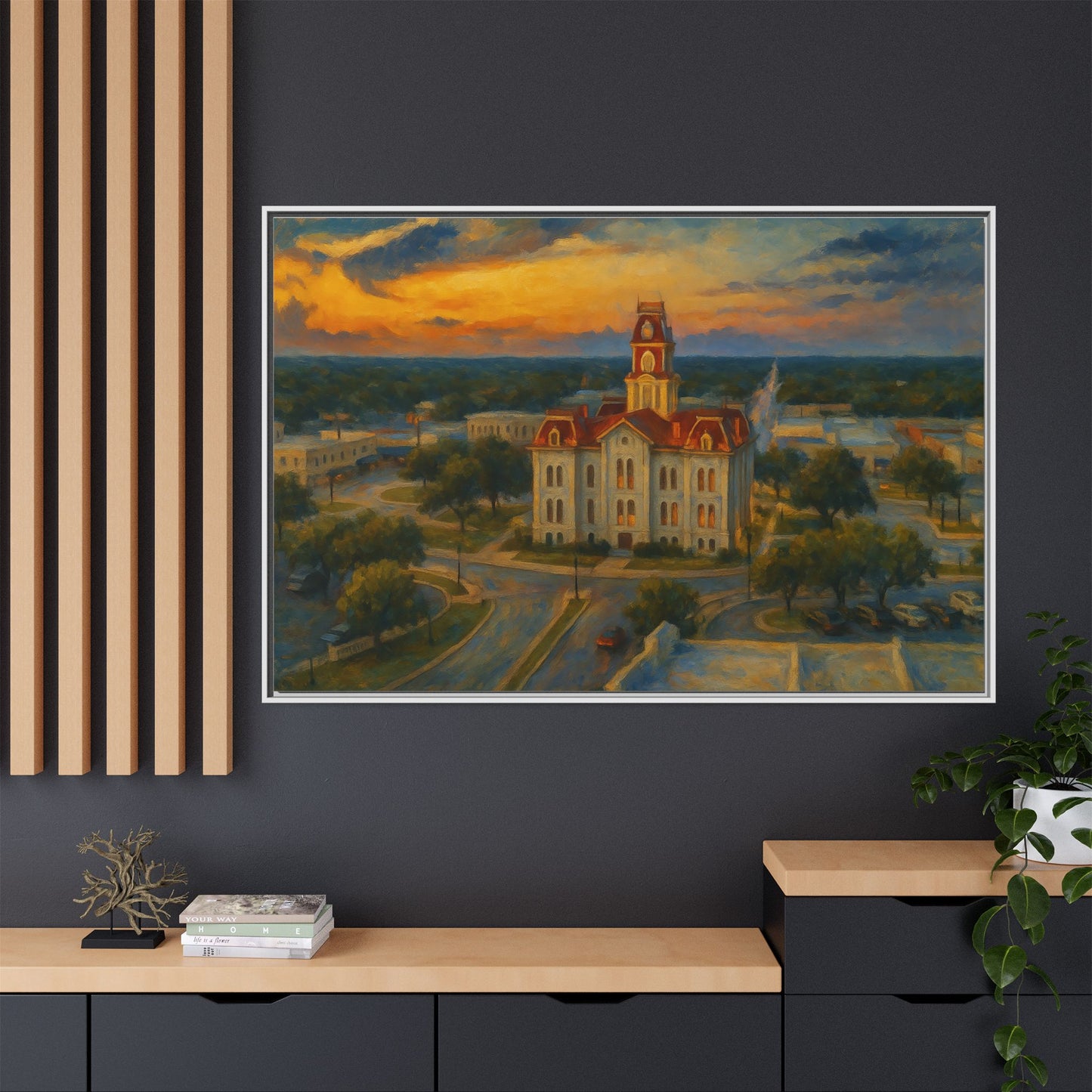 Scenic Framed Matte Canvas Painting of Courthouse