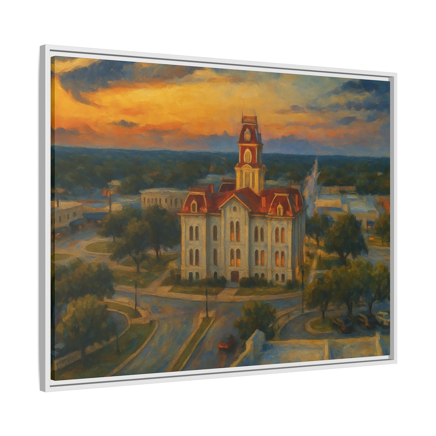 Scenic Framed Matte Canvas Painting of Courthouse
