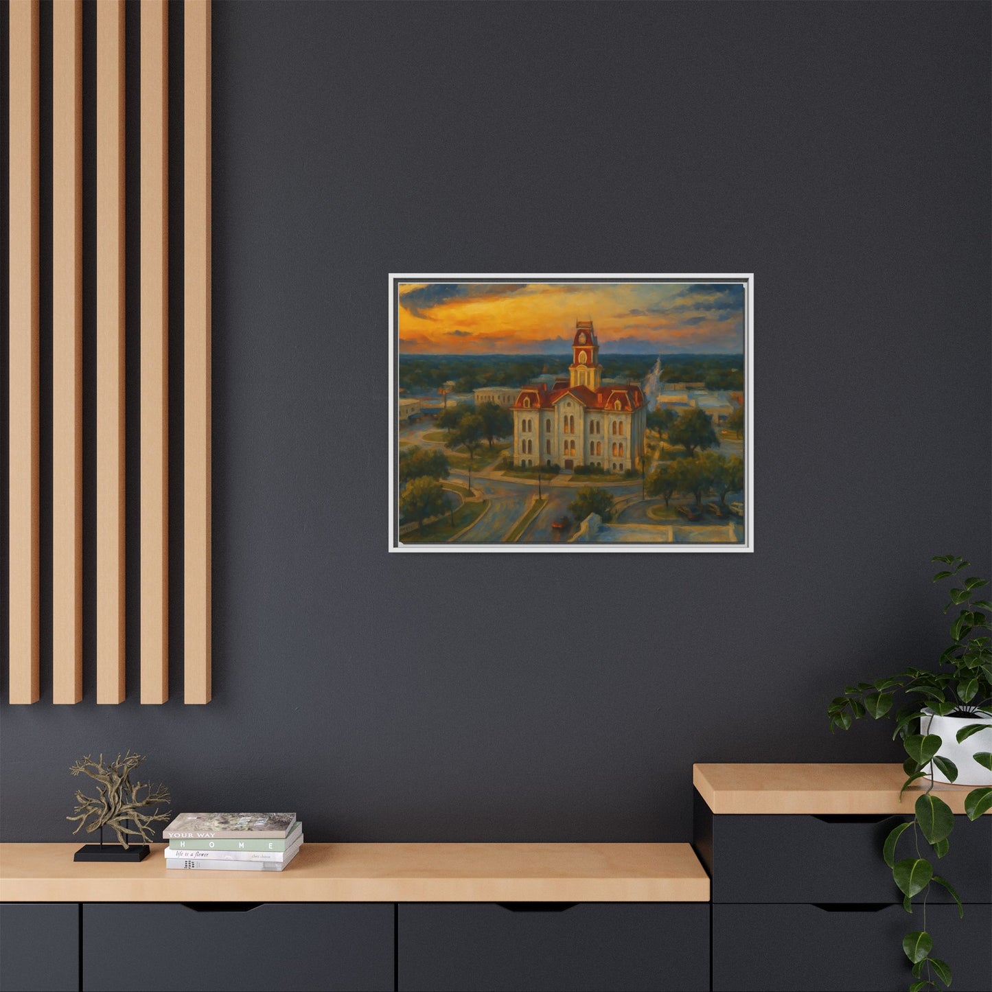 Scenic Framed Matte Canvas Painting of Courthouse
