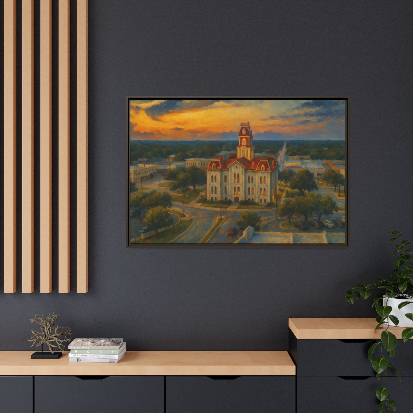 Scenic Framed Matte Canvas Painting of Courthouse