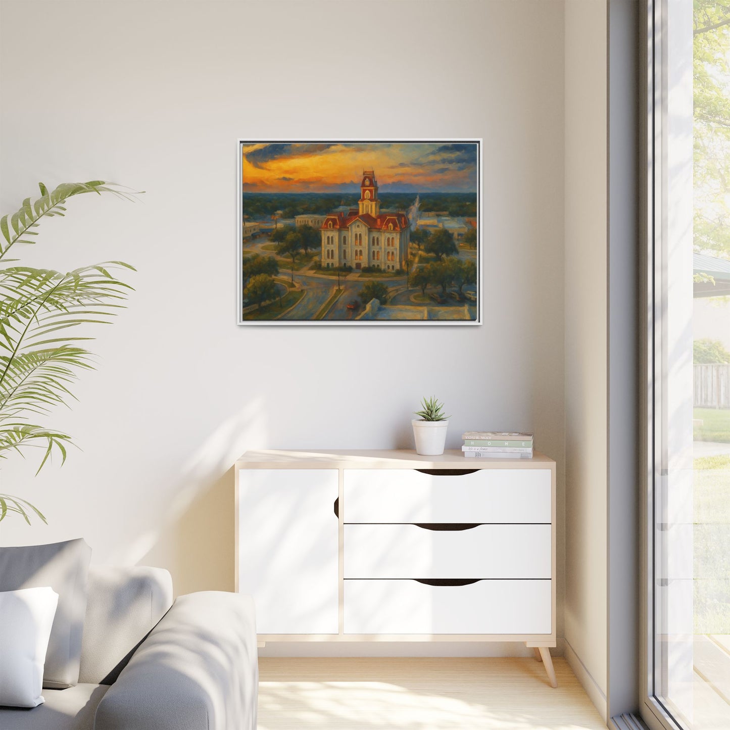 Scenic Framed Matte Canvas Painting of Courthouse