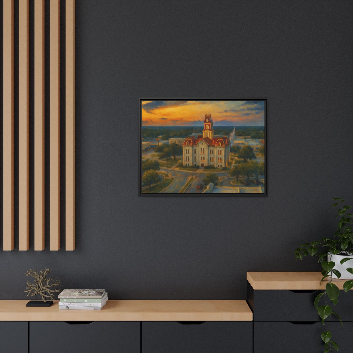 Scenic Framed Matte Canvas Painting of Courthouse