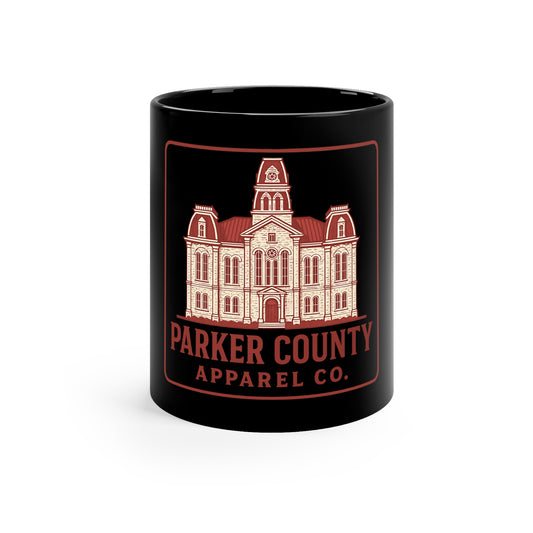 Parker County Courthouse Black Coffee Mug — 11oz Vintage County Logo