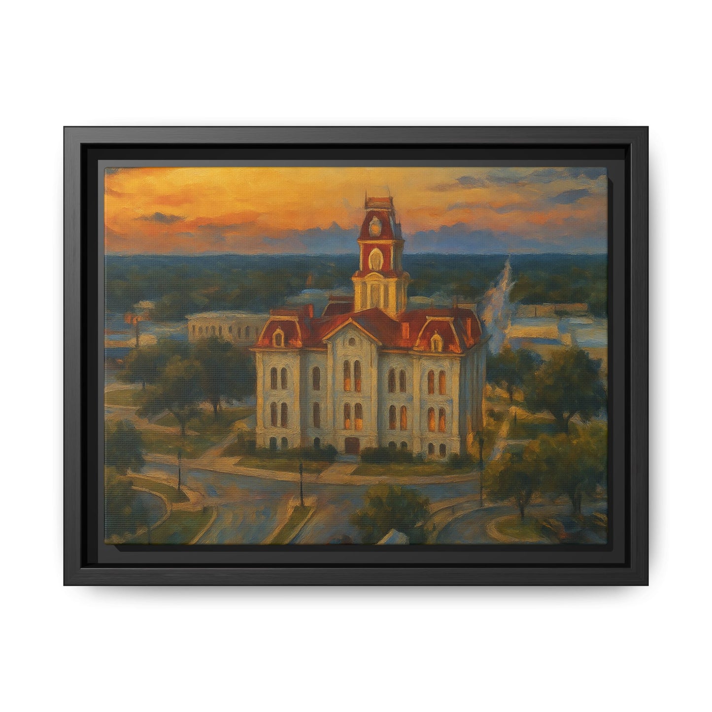 Scenic Framed Matte Canvas Painting of Courthouse