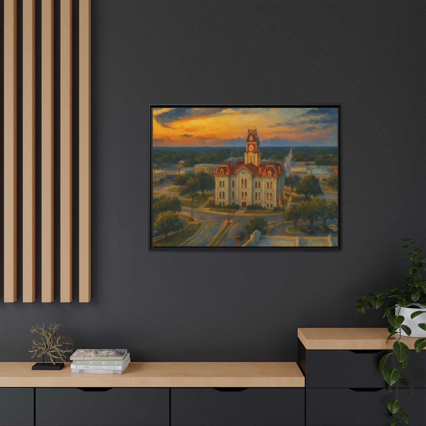 Scenic Framed Matte Canvas Painting of Courthouse