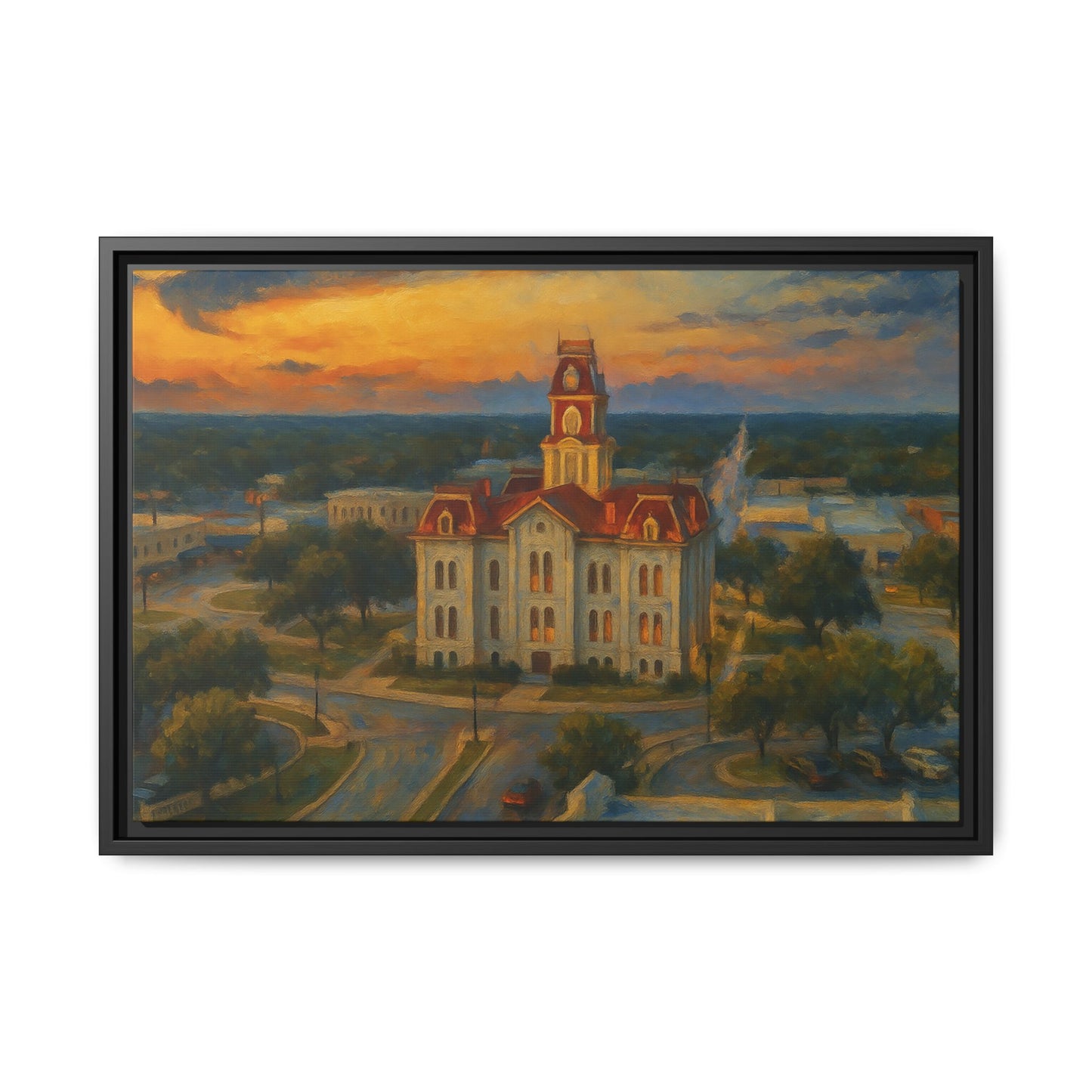 Scenic Framed Matte Canvas Painting of Courthouse