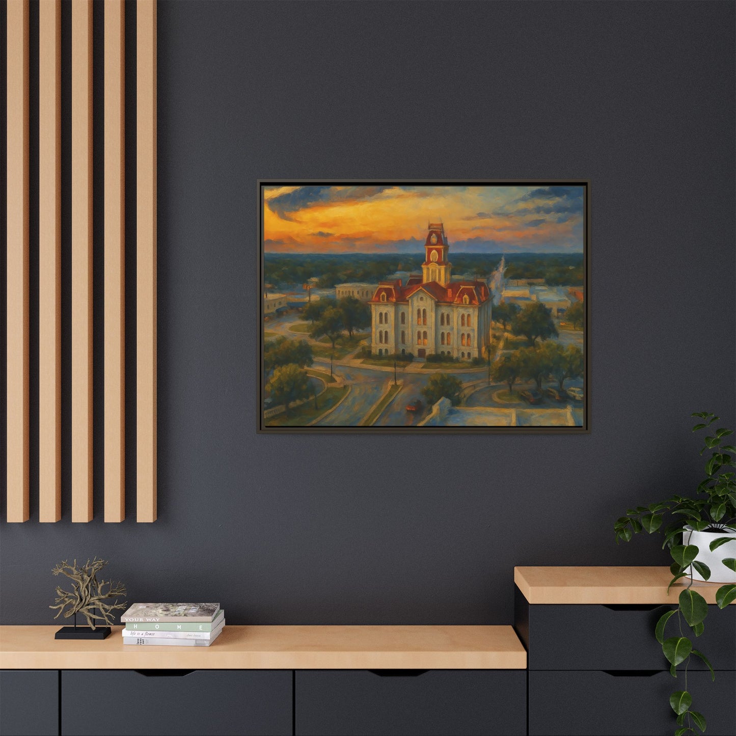 Scenic Framed Matte Canvas Painting of Courthouse