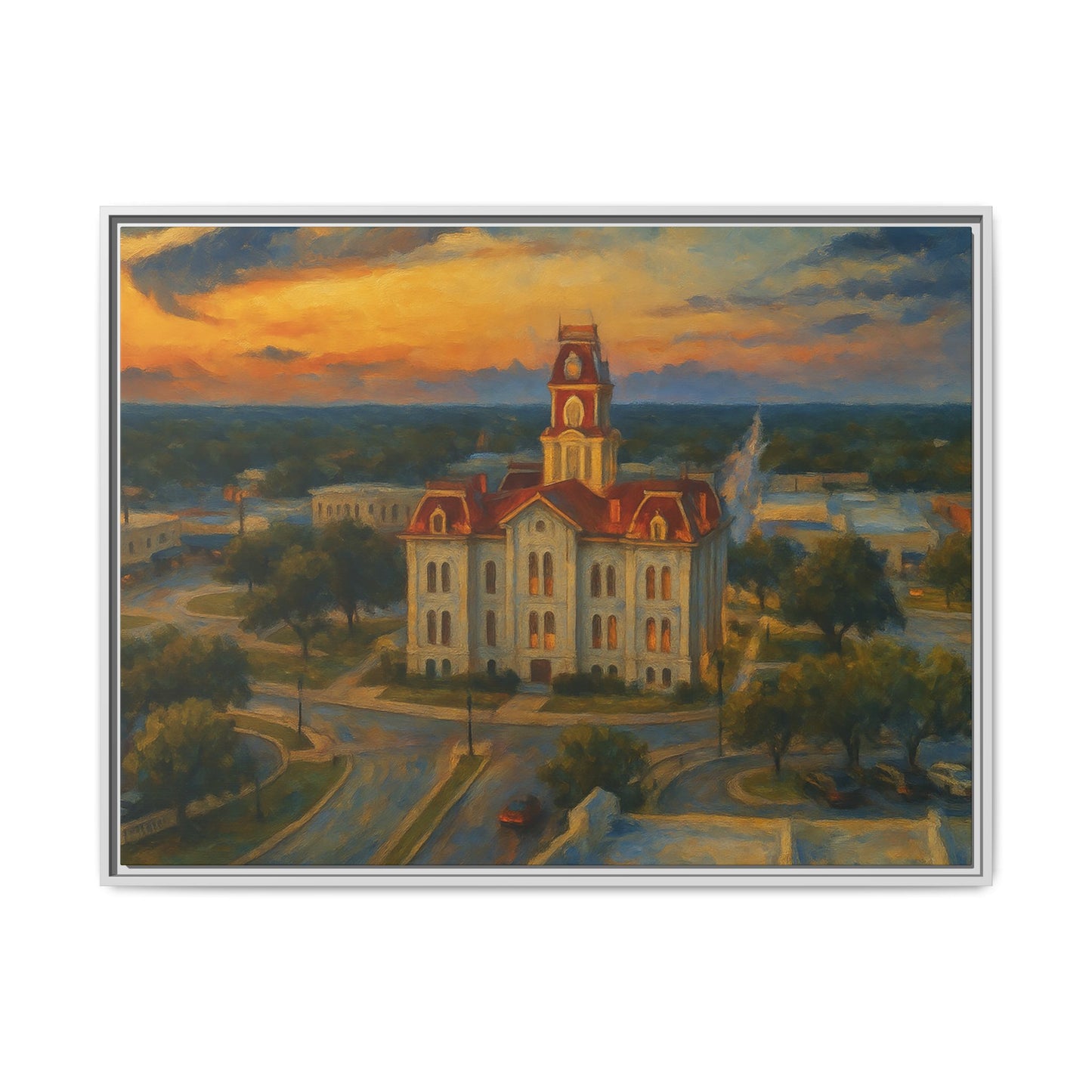 Scenic Framed Matte Canvas Painting of Courthouse