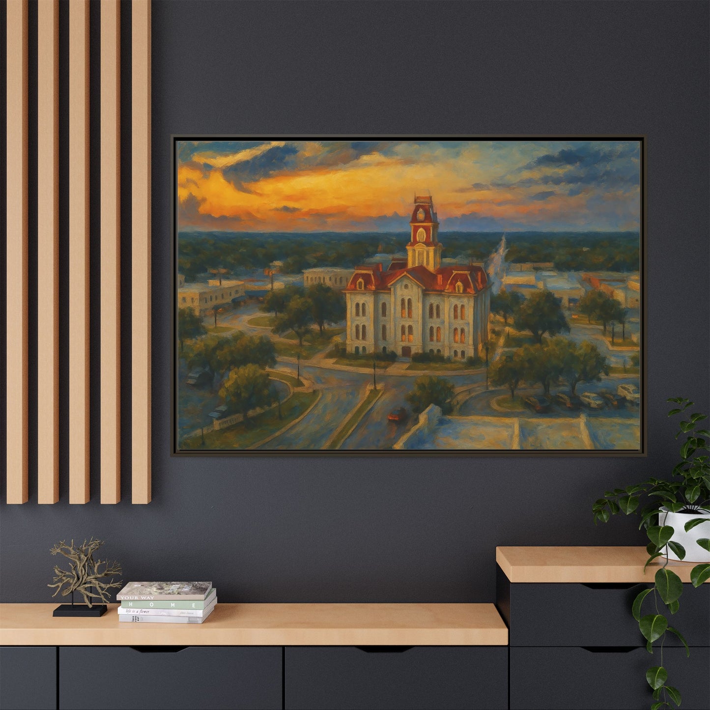Scenic Framed Matte Canvas Painting of Courthouse