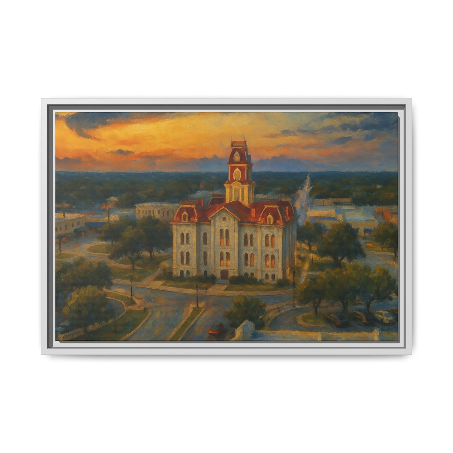 Scenic Framed Matte Canvas Painting of Courthouse