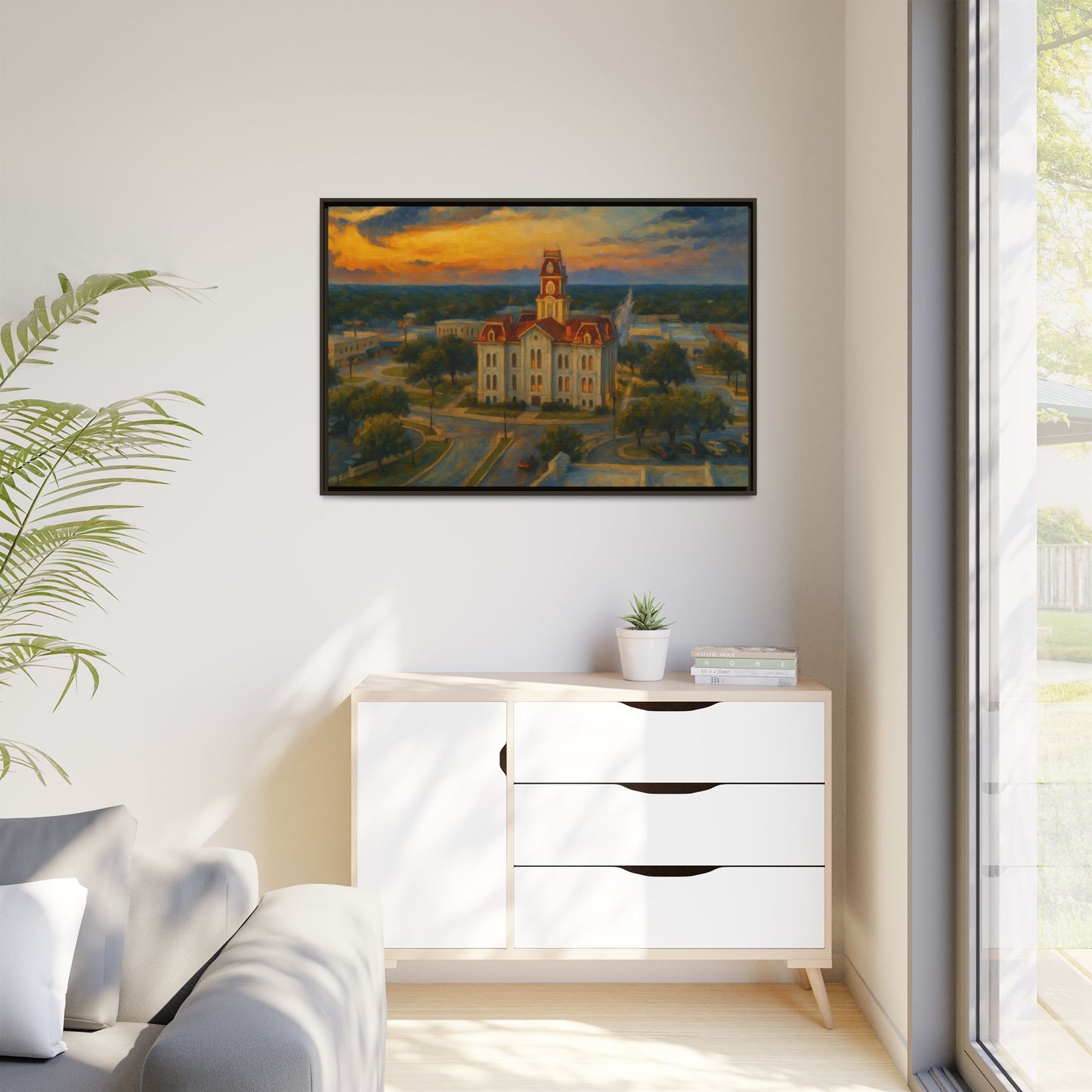 Scenic Framed Matte Canvas Painting of Courthouse