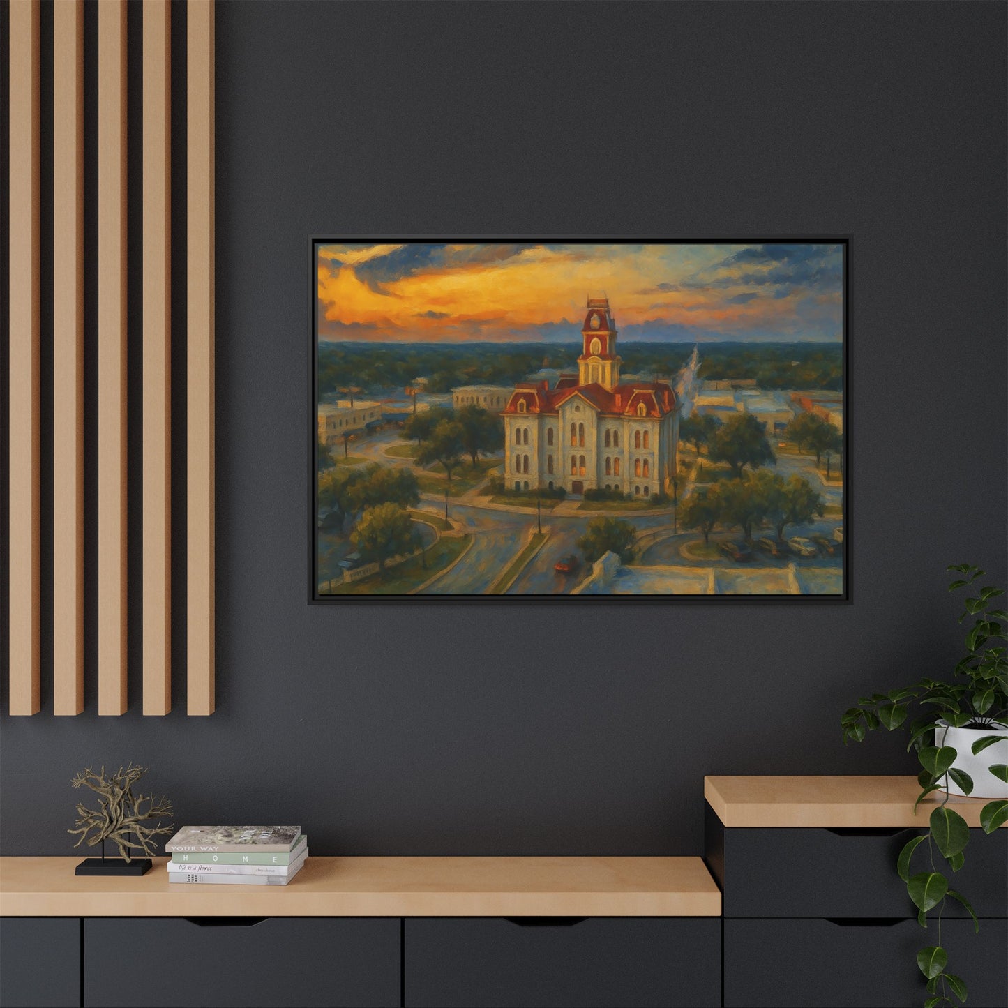 Scenic Framed Matte Canvas Painting of Courthouse