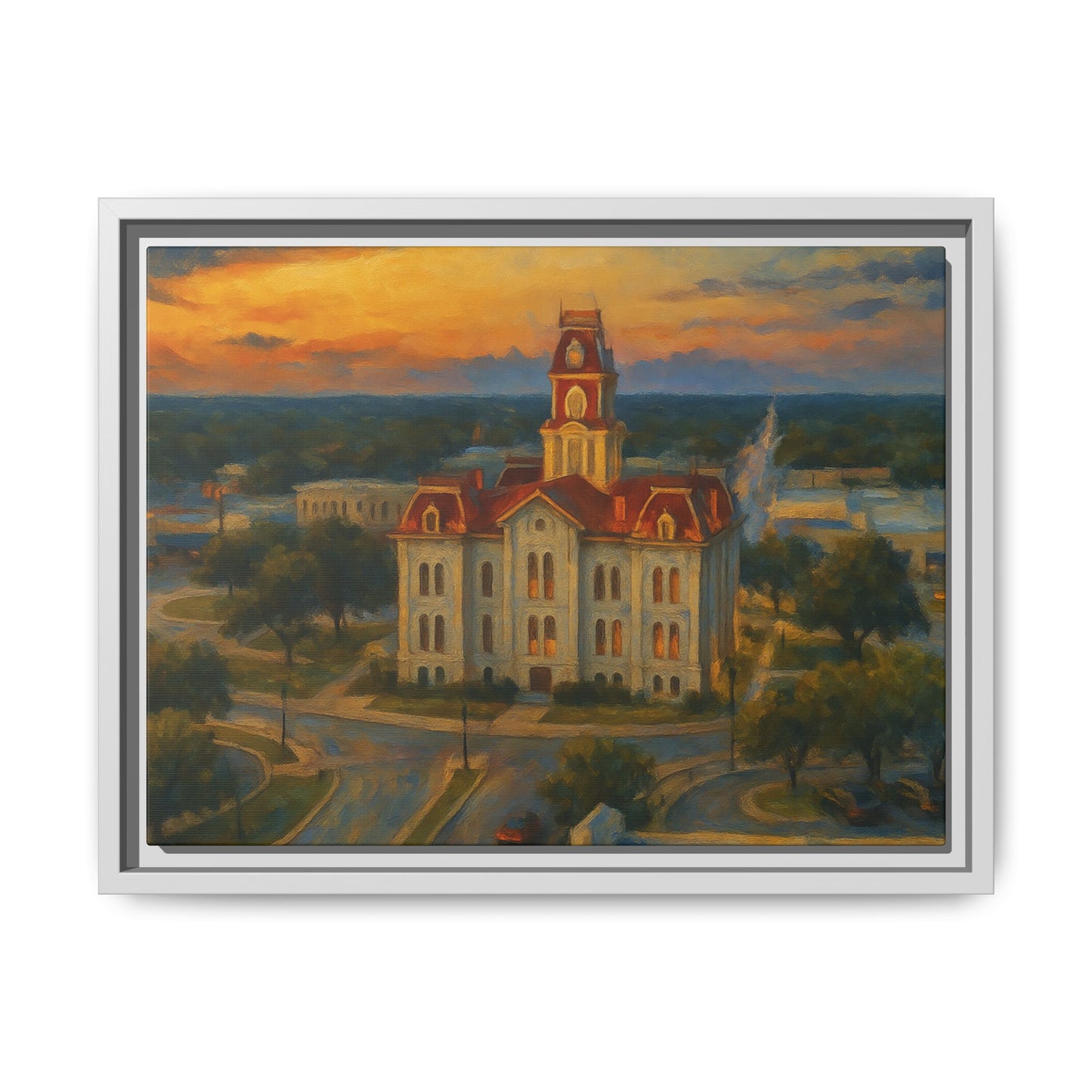 Scenic Framed Matte Canvas Painting of Courthouse