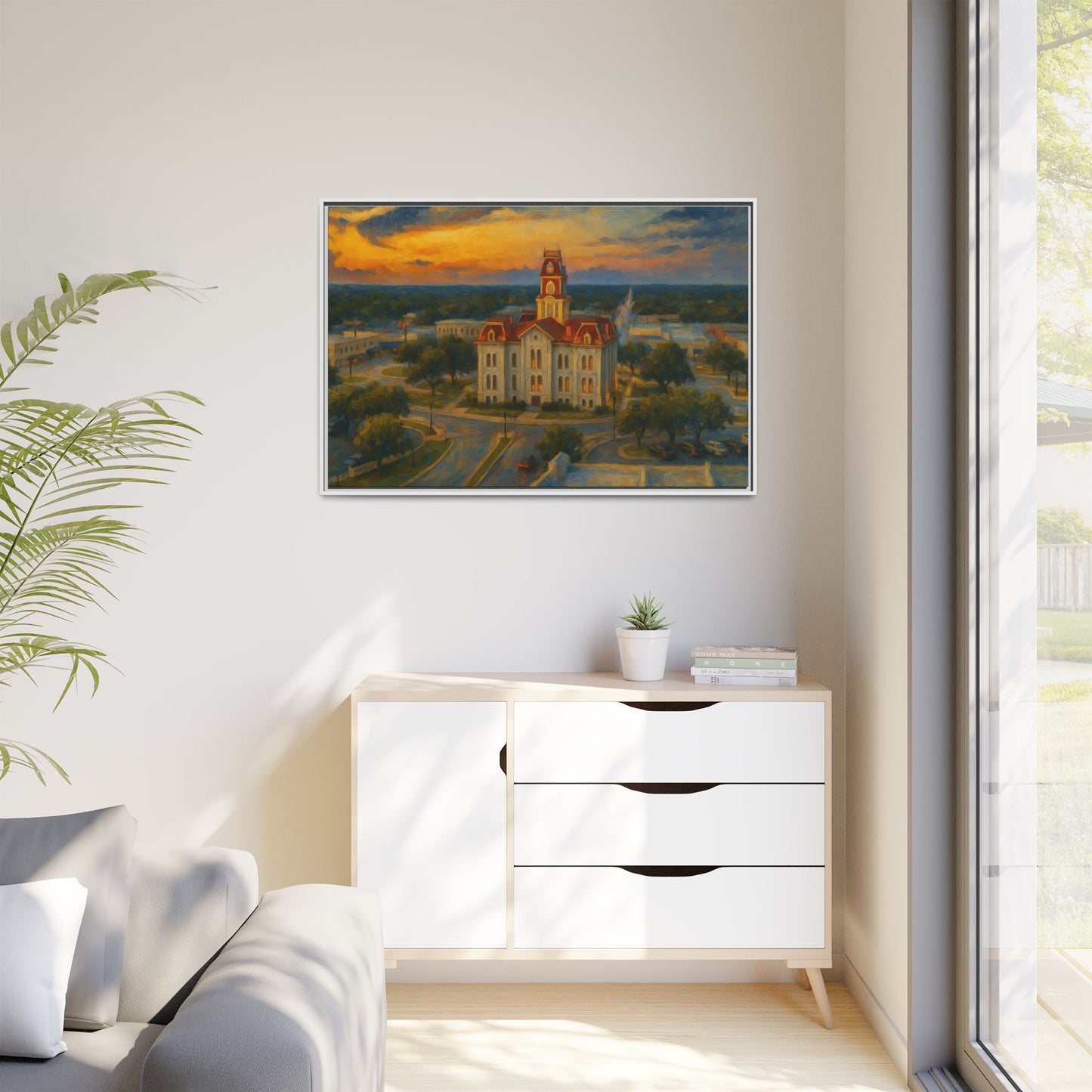 Scenic Framed Matte Canvas Painting of Courthouse
