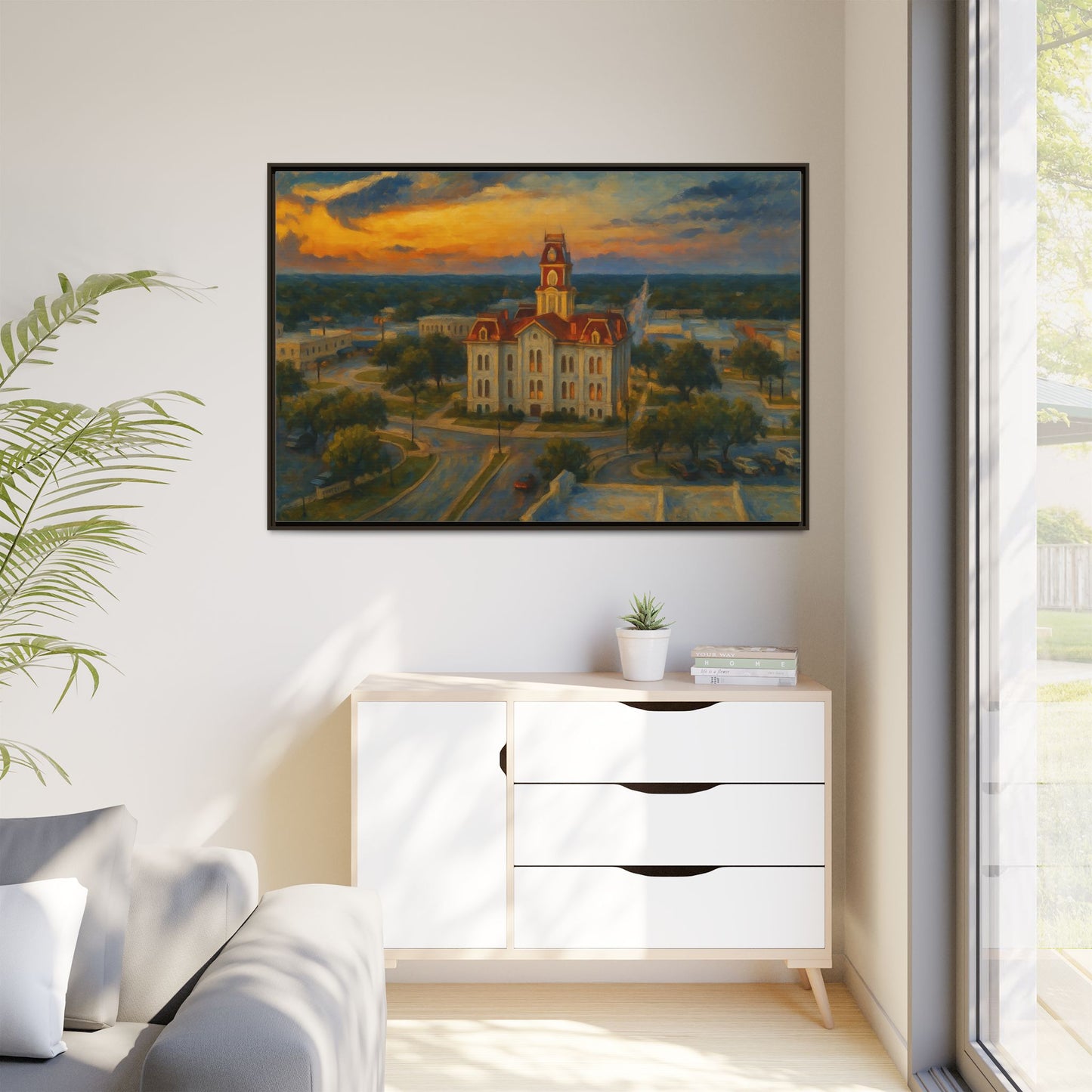 Scenic Framed Matte Canvas Painting of Courthouse