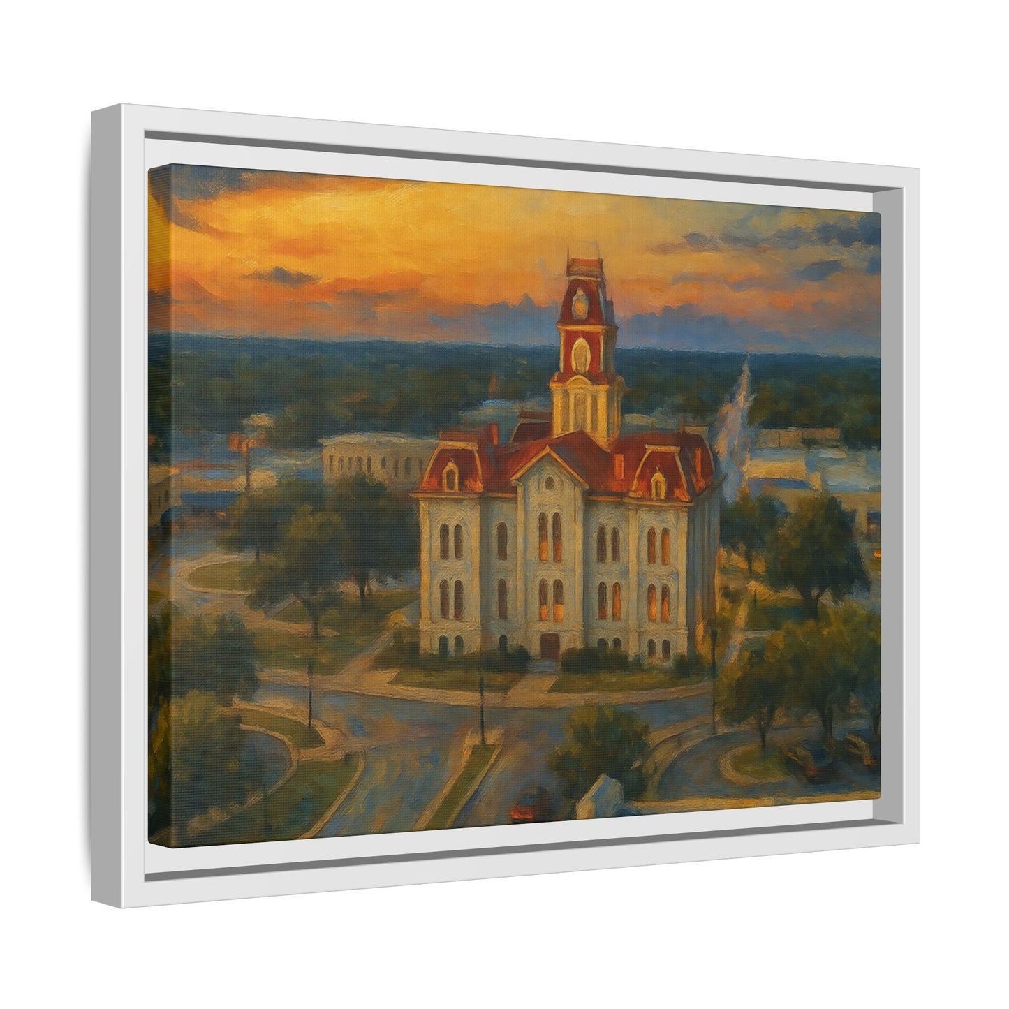 Scenic Framed Matte Canvas Painting of Courthouse