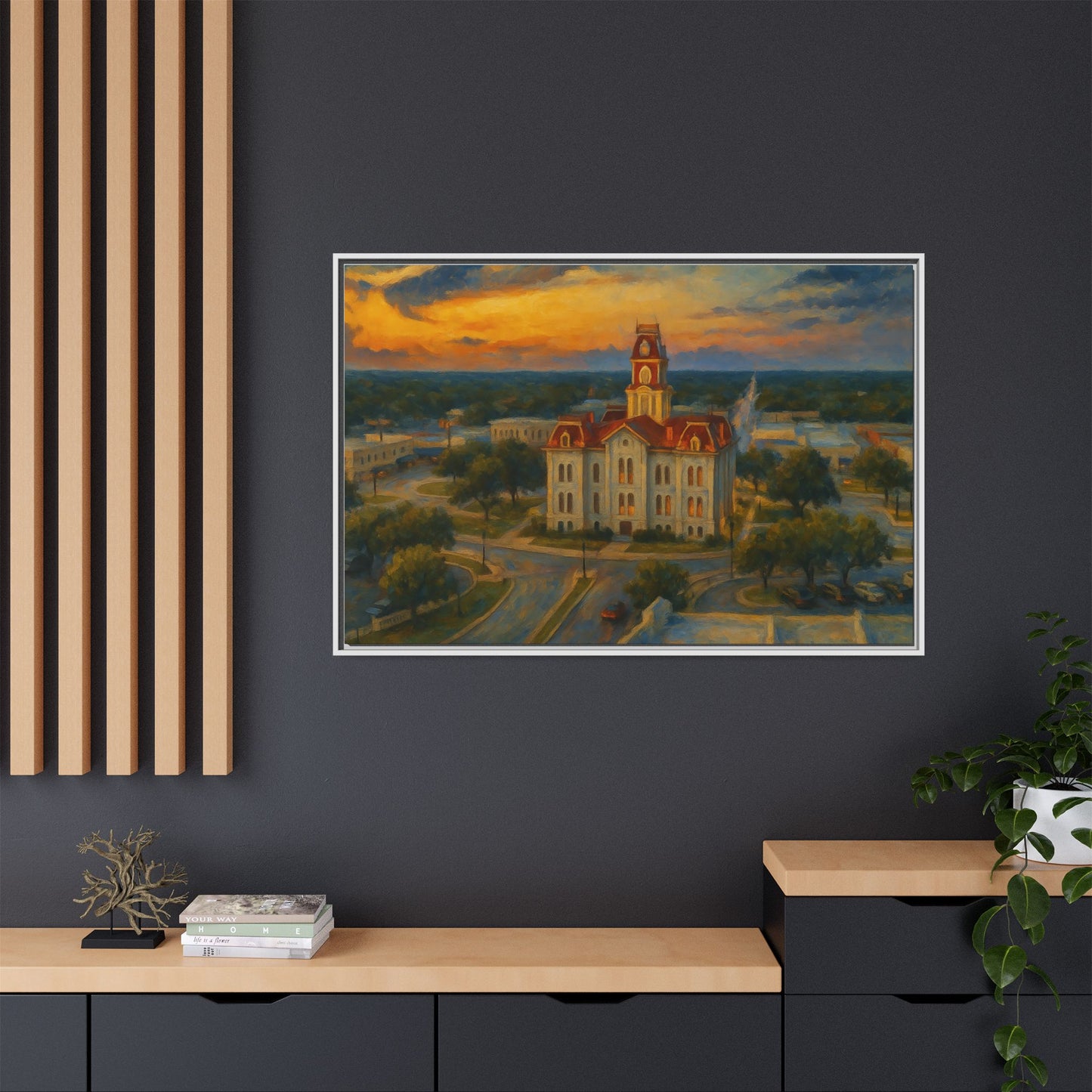 Scenic Framed Matte Canvas Painting of Courthouse