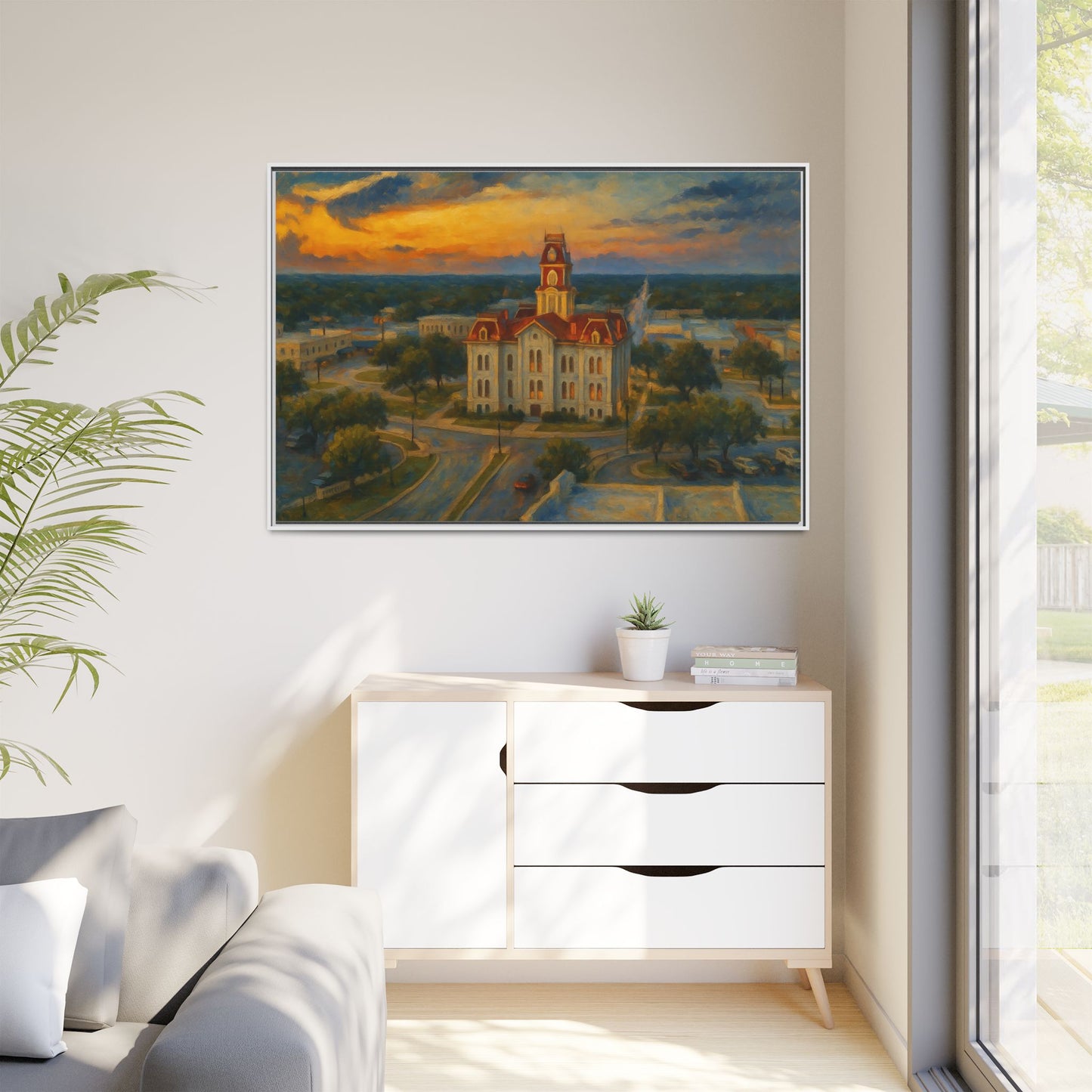 Scenic Framed Matte Canvas Painting of Courthouse