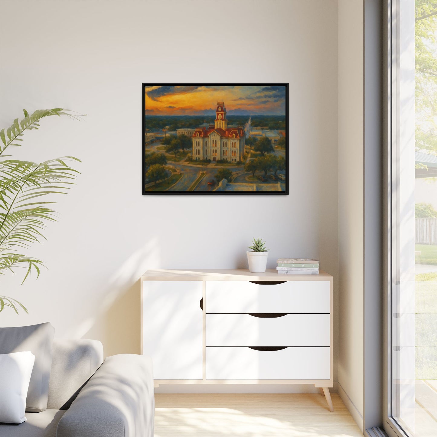 Scenic Framed Matte Canvas Painting of Courthouse