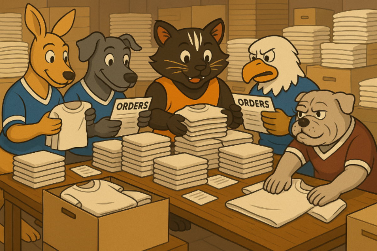 Illustration of friendly animal characters, including a kangaroo, dog, cat, eagle, and bulldog, working together to organize and process bulk T-shirt orders in a busy, well-stocked warehouse.